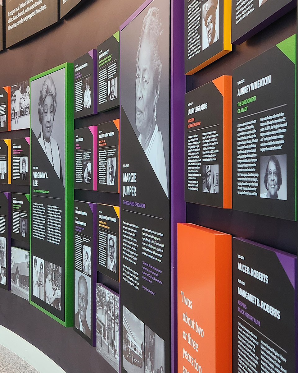 Closeup side view of Melrose Plaza exhibit panels