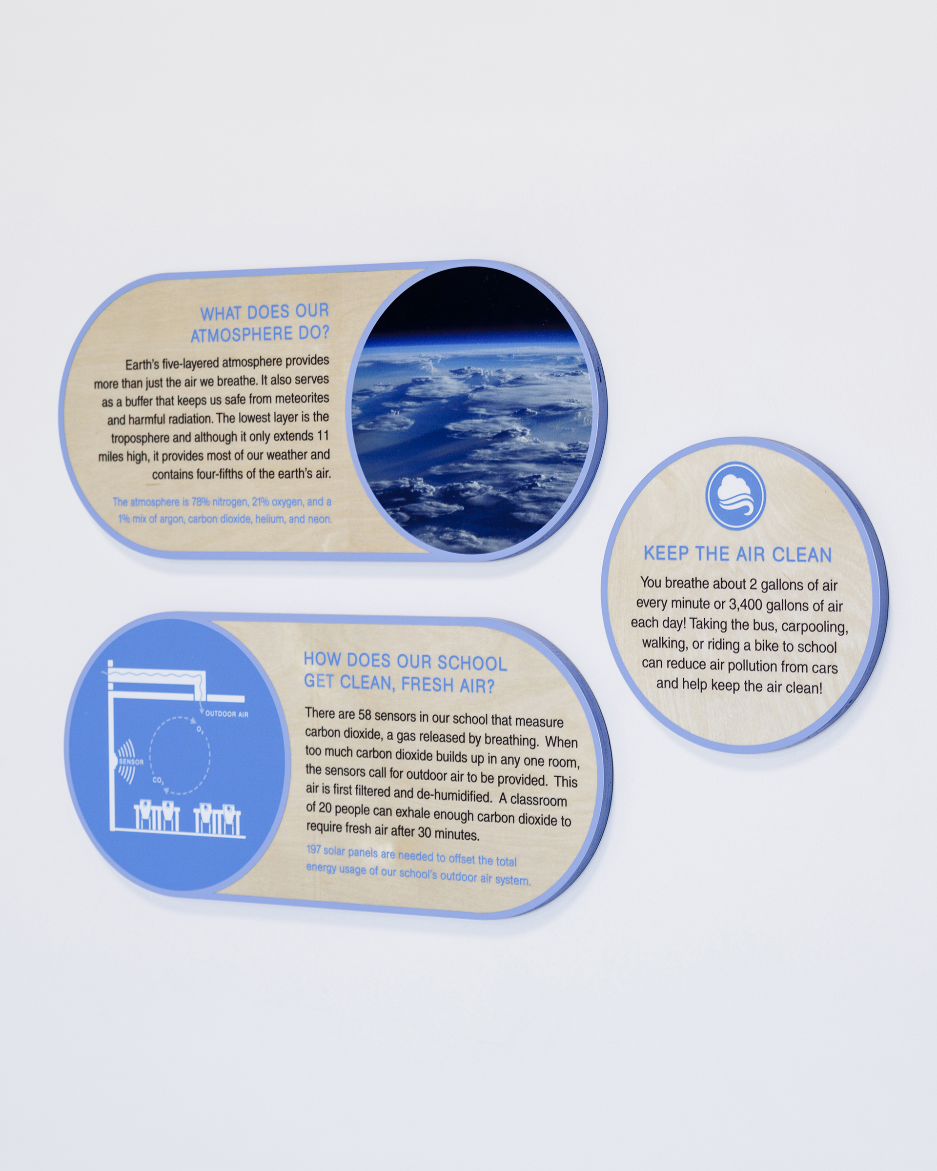 Three factoid wall panels at Discovery Elementary School about the atmosphere, clean air, and how the school measures air quality.