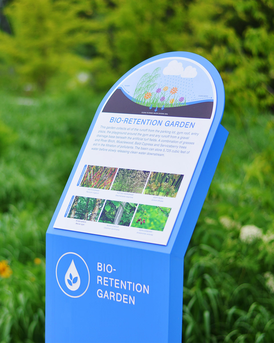 A blue and white exterior factoid sign at Discovery Elementary School about the bio-retention garden