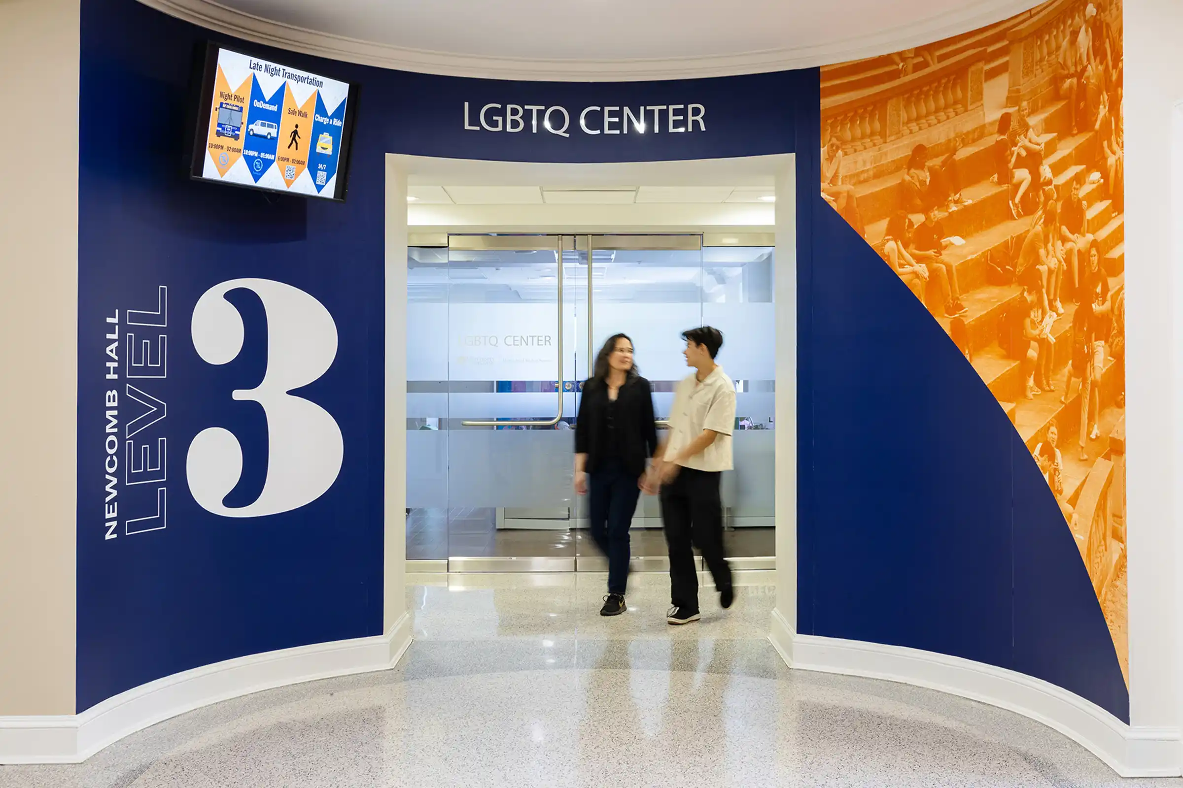 LGBTQ Center entrance at Newcomb Hall with "level 3" signage on the wall.