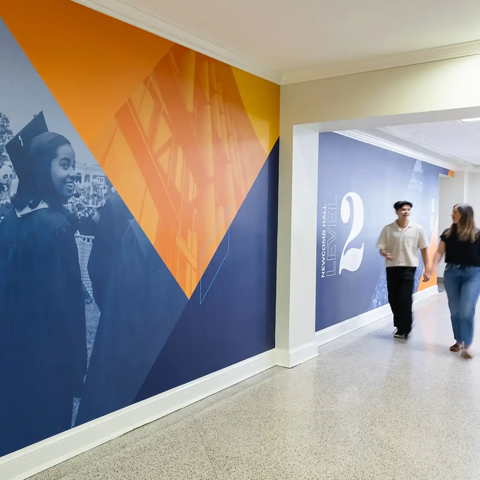 blue and orange wall graphics at Newcomb Hall