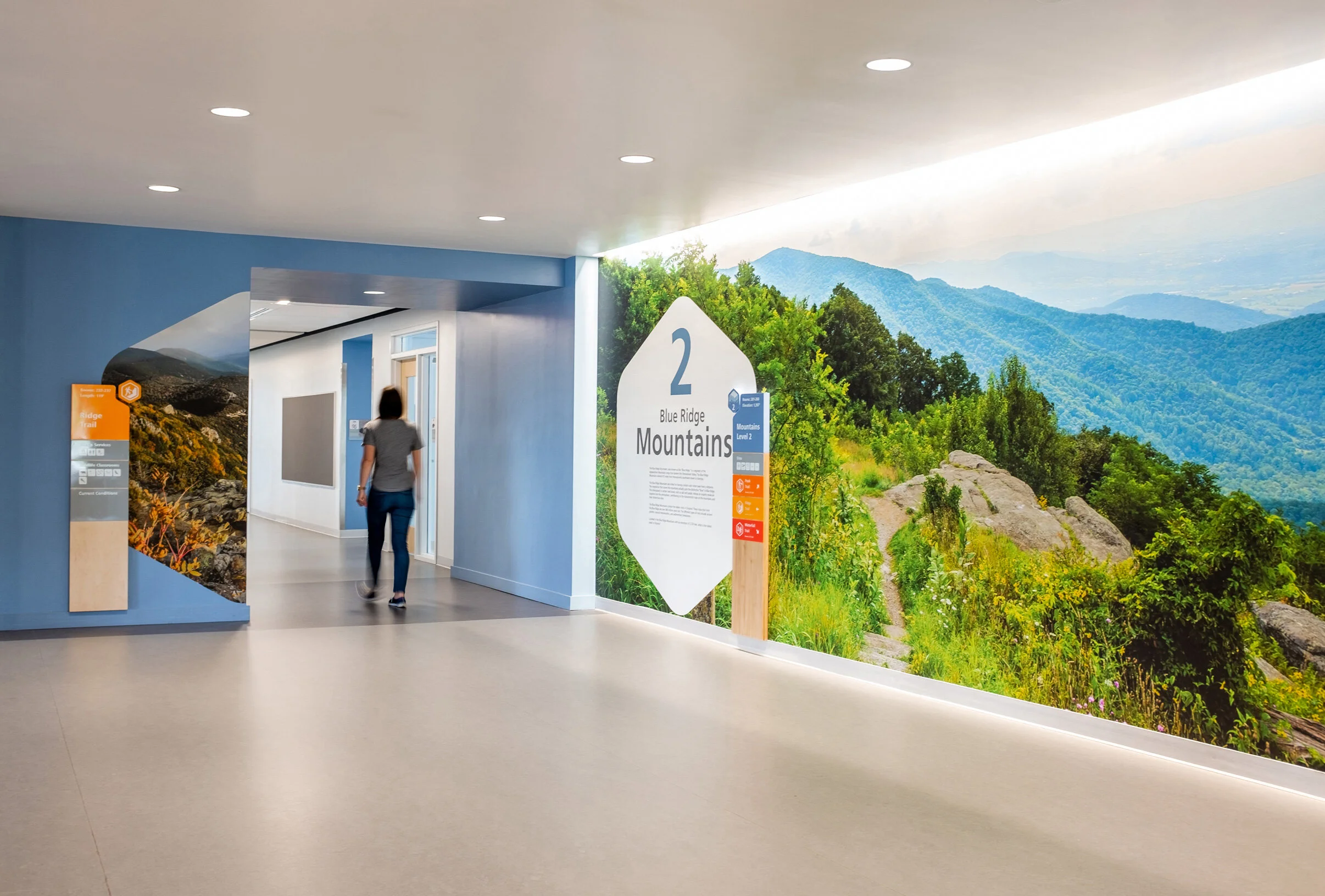 A woman walks by wall graphics and wayfinding signage for level 2 at Bluestone Elementary School