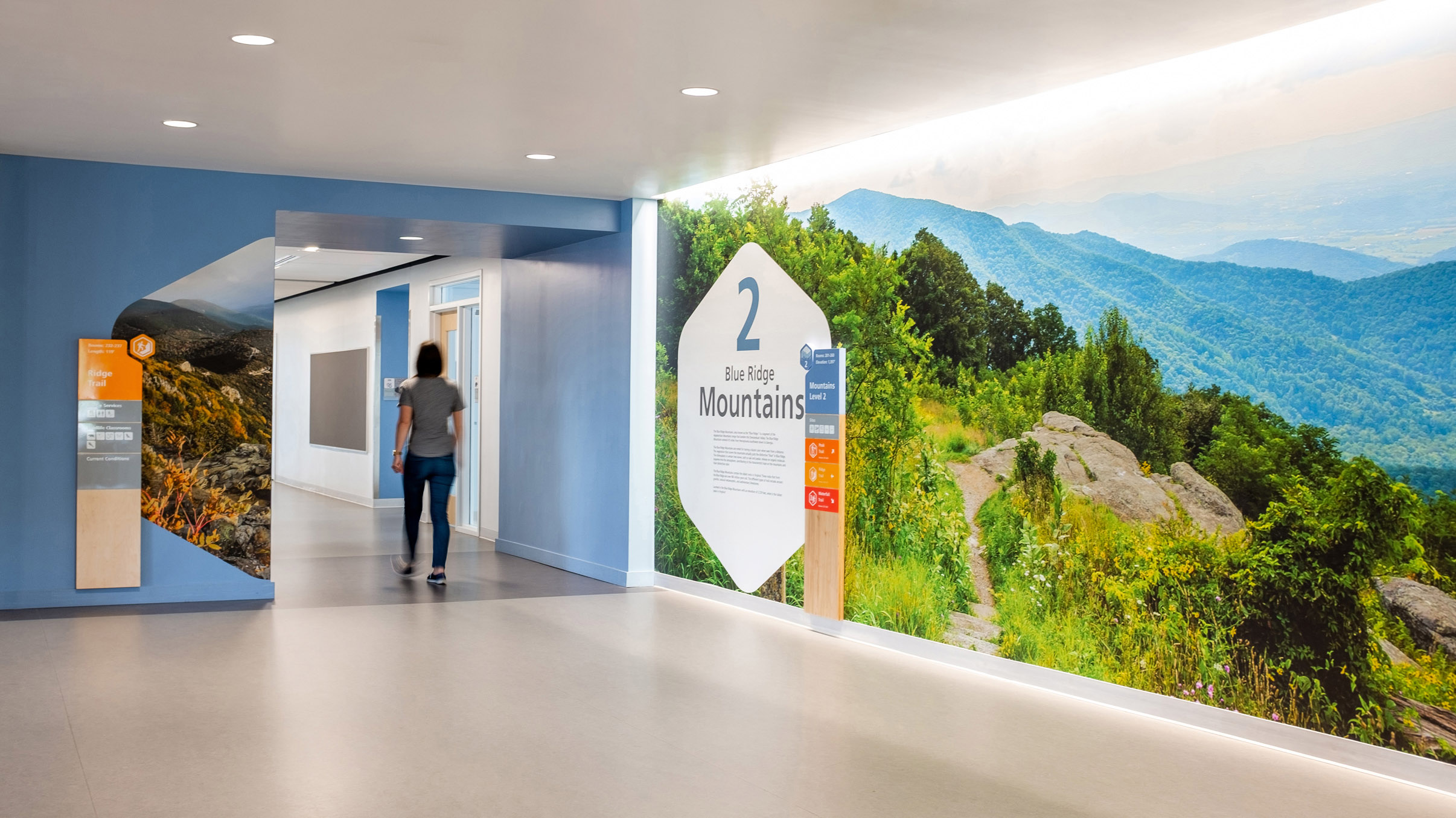 A woman walks by wall graphics and wayfinding signage for level 2 at Bluestone Elementary School