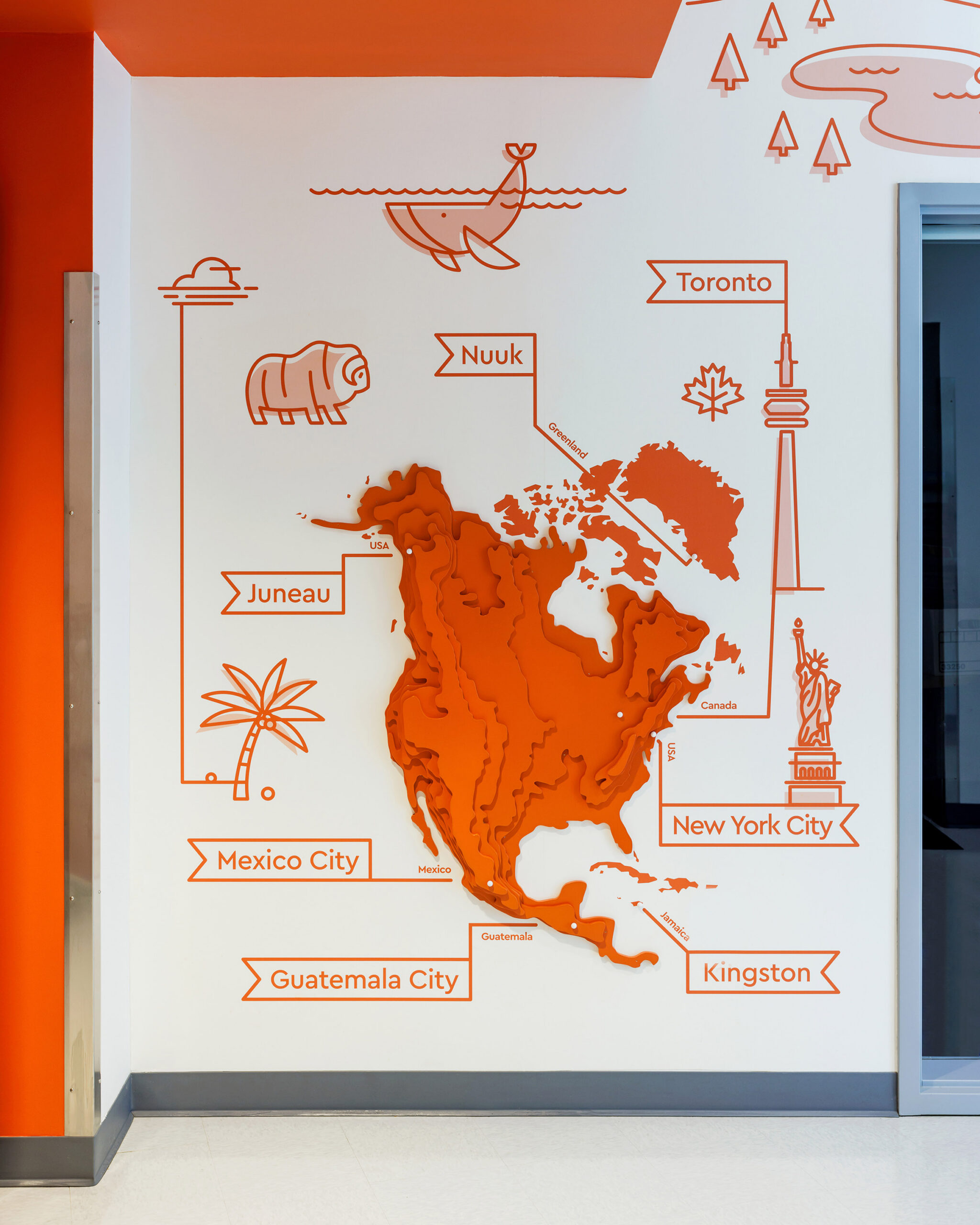 Topographical Orange North America wall graphic at Cardinal Elementary School