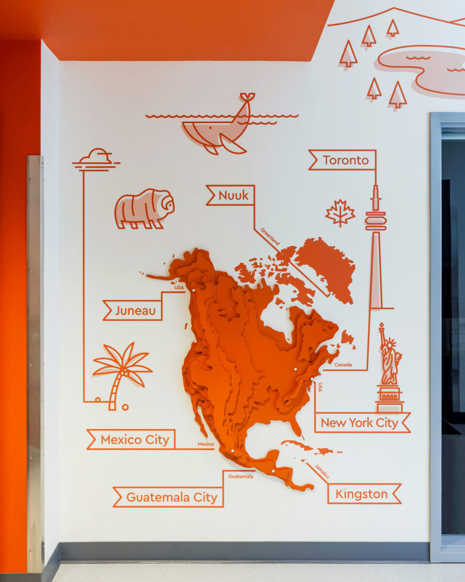 Topographical Orange North America wall graphic at Cardinal Elementary School