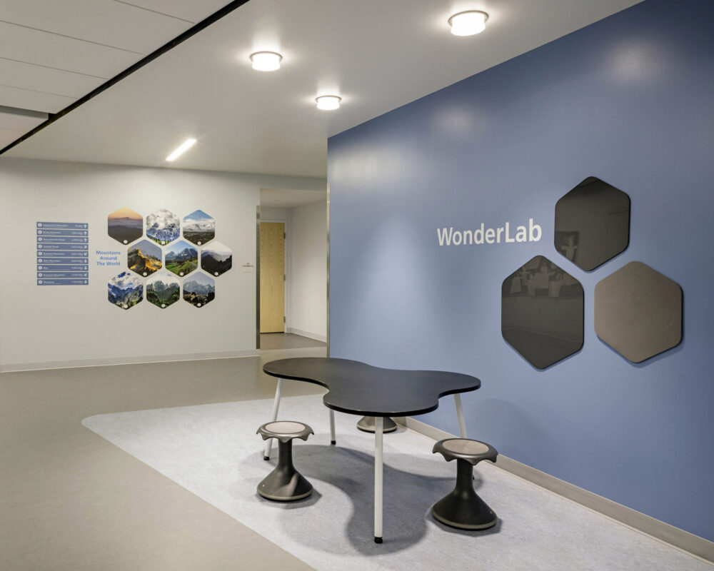 Wall graphics and signage in the breakout area at Bluestone Elementary School