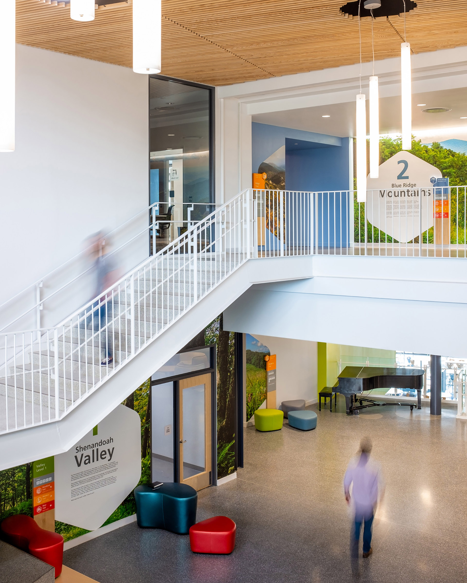 People using the stairs at Bluestone Elementary School with wall graphics behind them