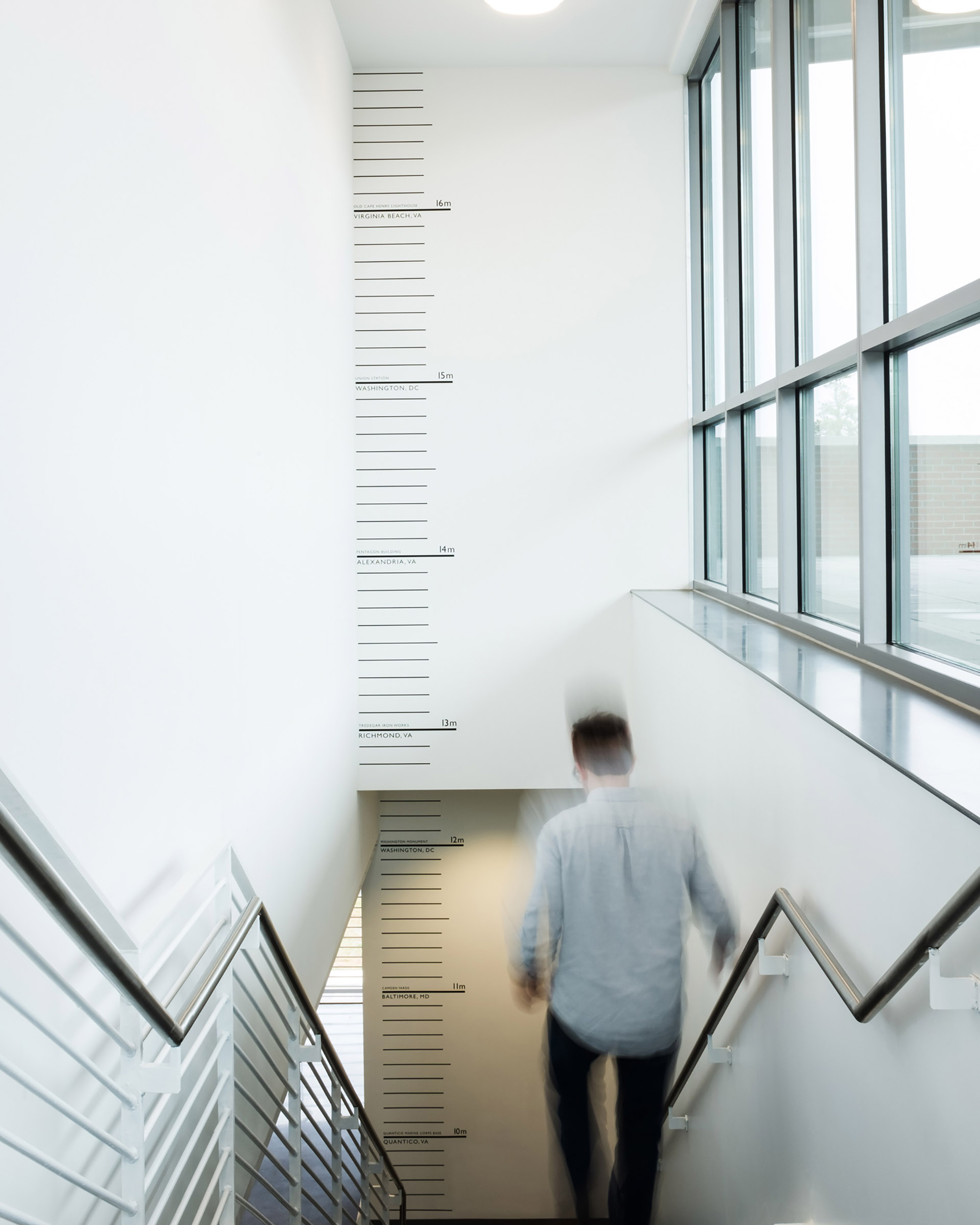 Measurement wall graphics at Greer Environmental Sciences Center staircase