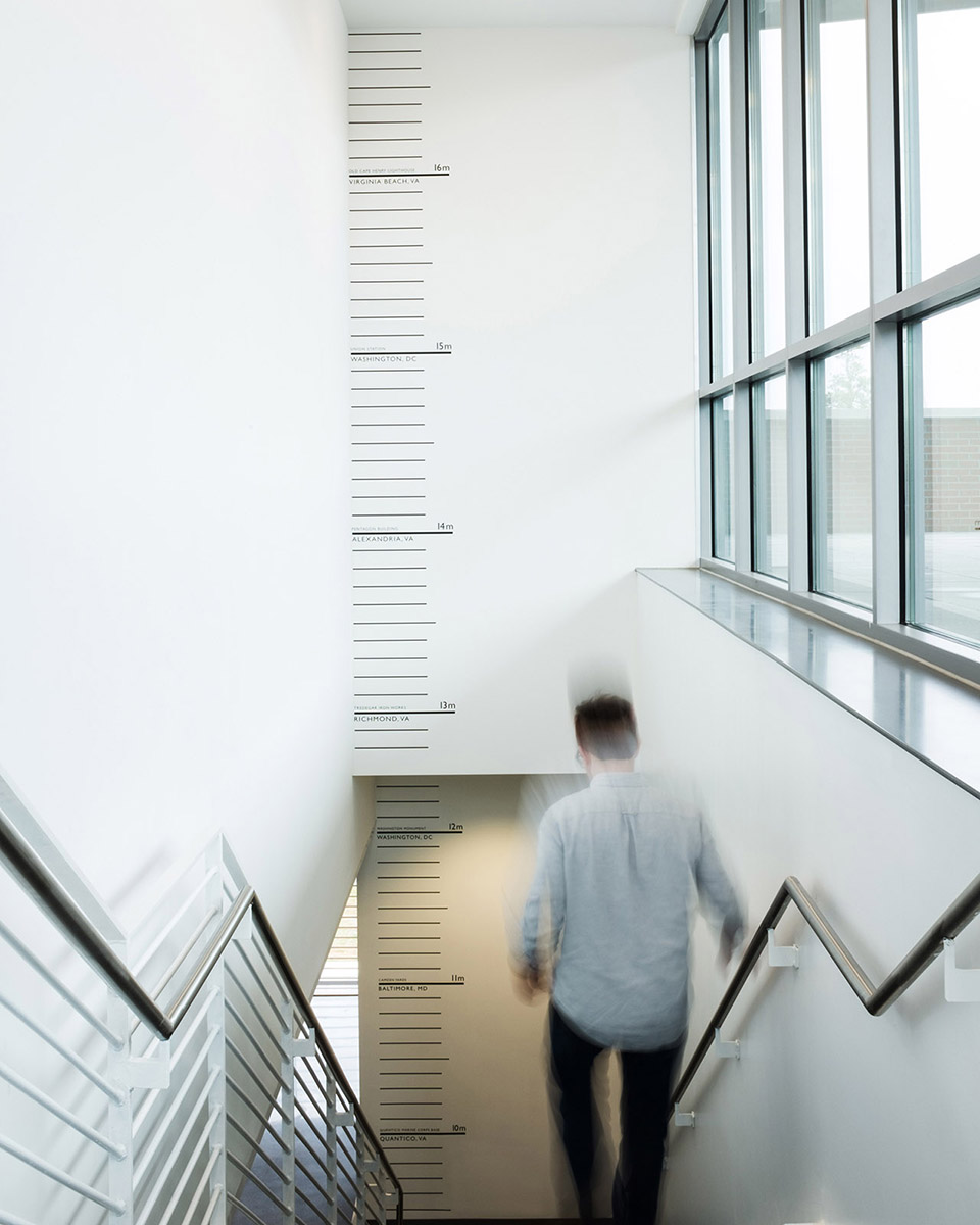Measurement wall graphics at Greer Environmental Sciences Center staircase