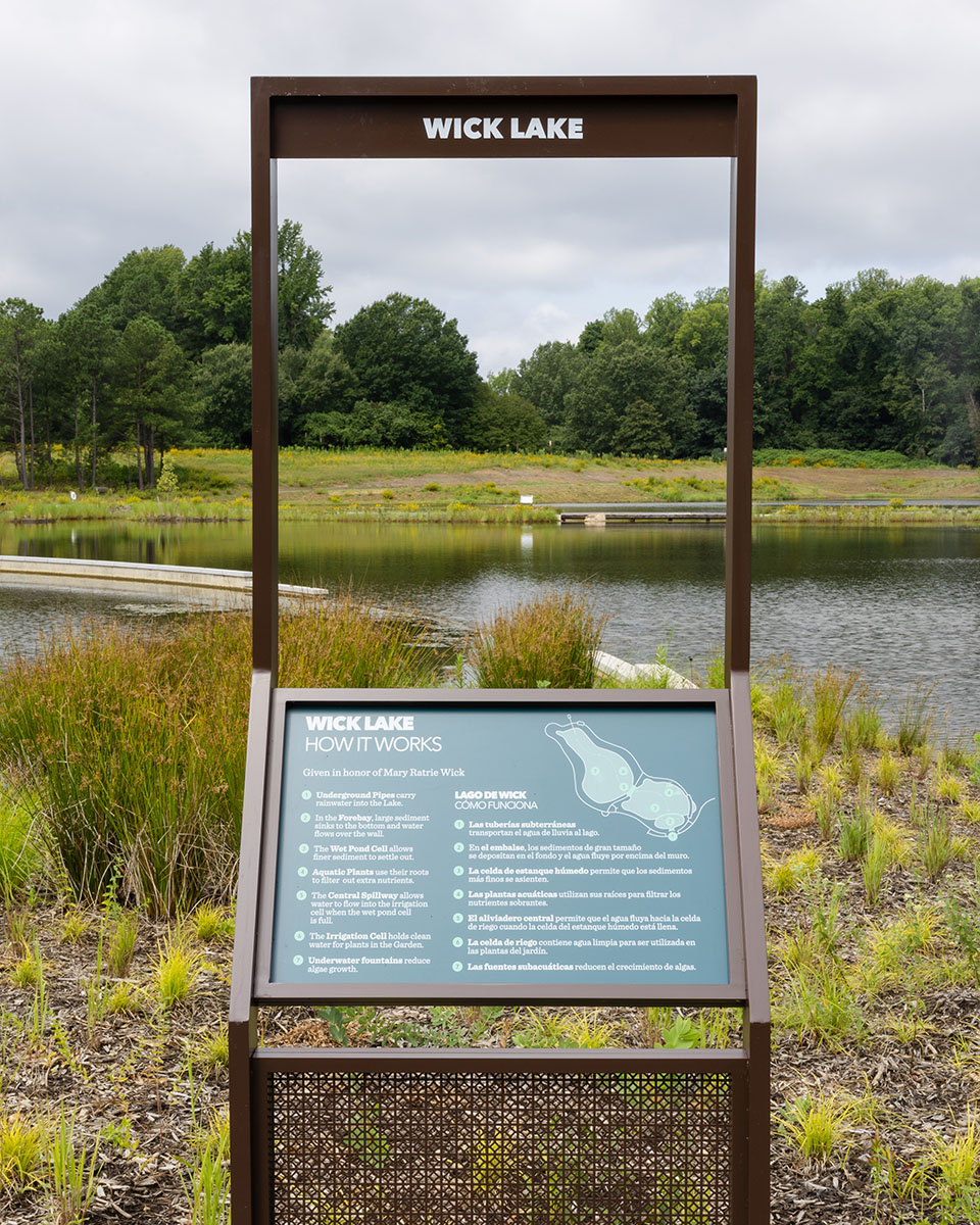 Outdoor informational sign about how Wick Lake utilizes rain water at Lewis Ginter Botanical Garden