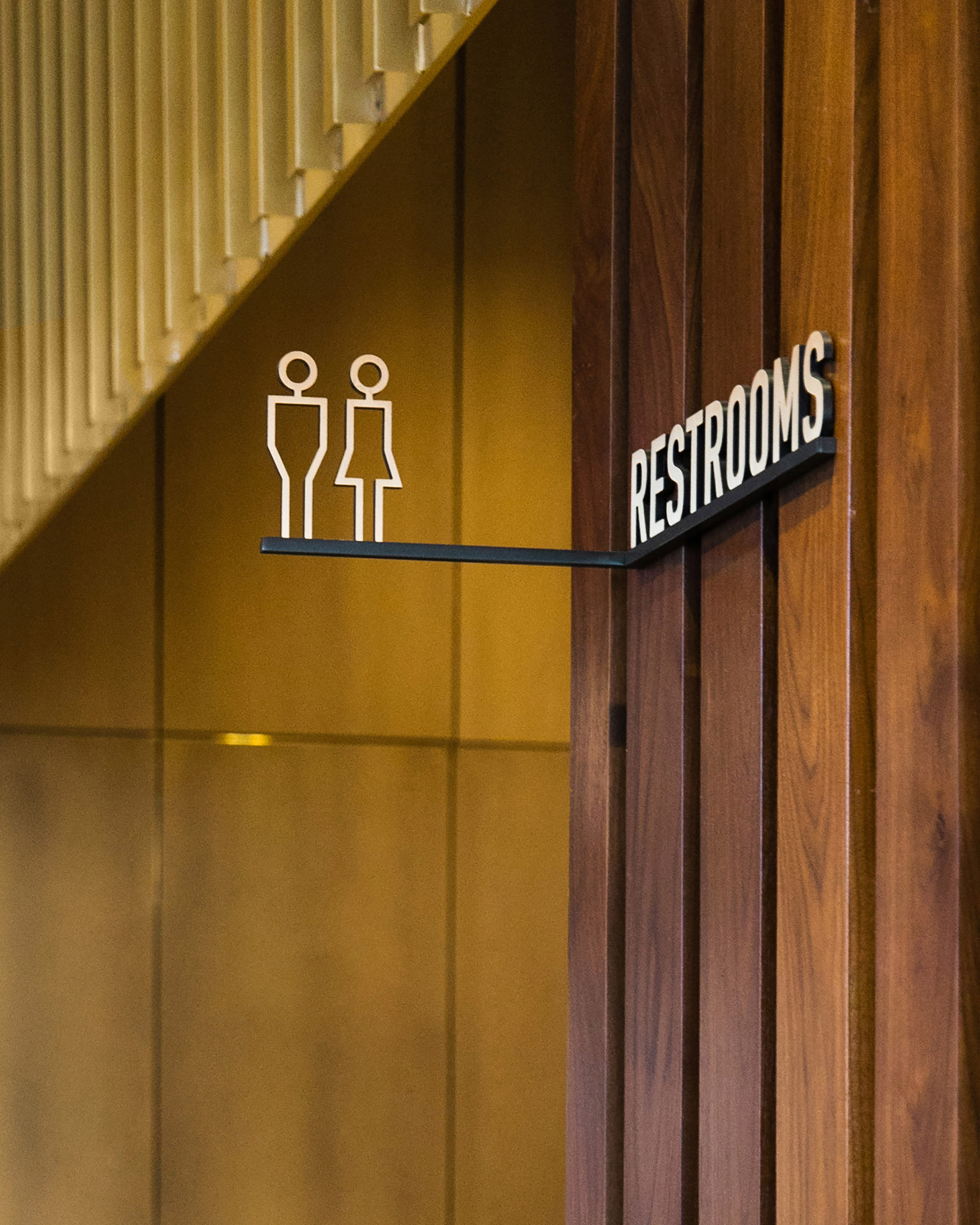 Overhead restroom signs at CODE