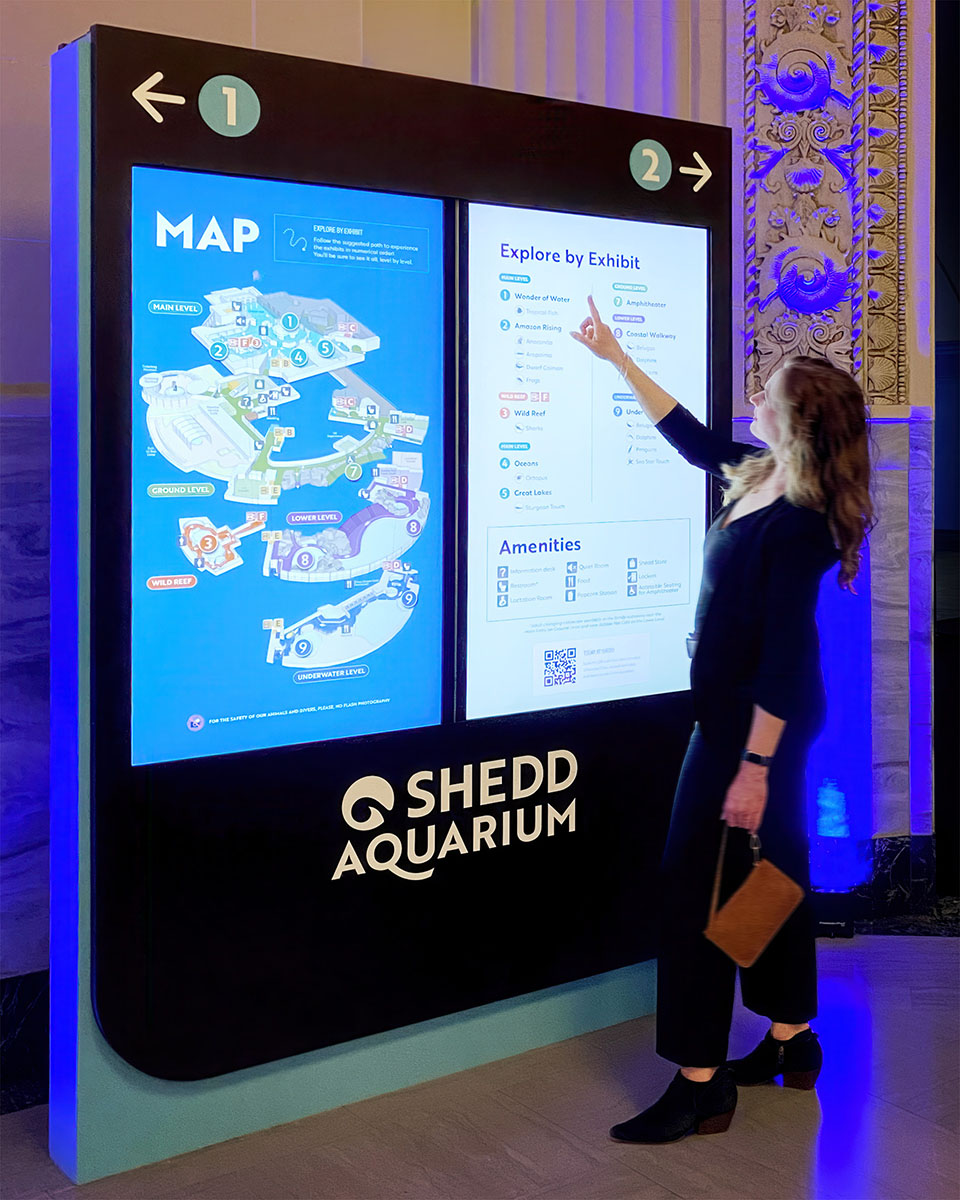 Backlit digital wayfinding and map at Shedd Aquarium