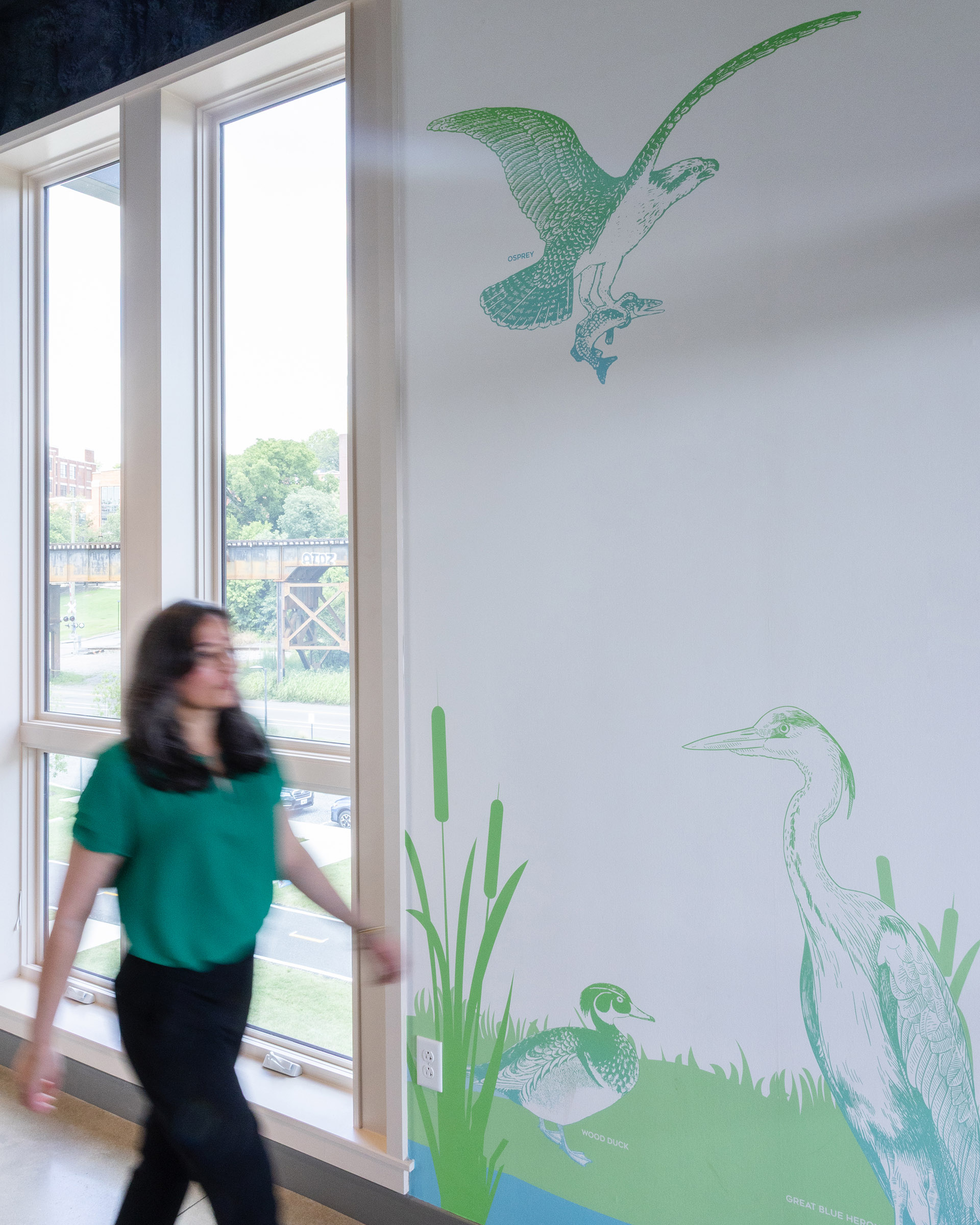 A woman walks by green and blue wall graphics inside JRA Buzzard River Education Center