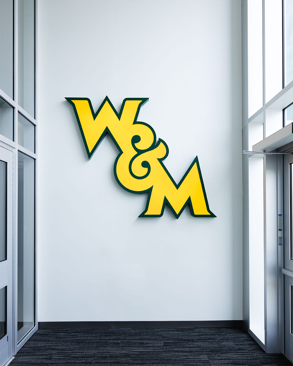 Dimensional W&M sign at Kaplan Arena & The Mack entrance