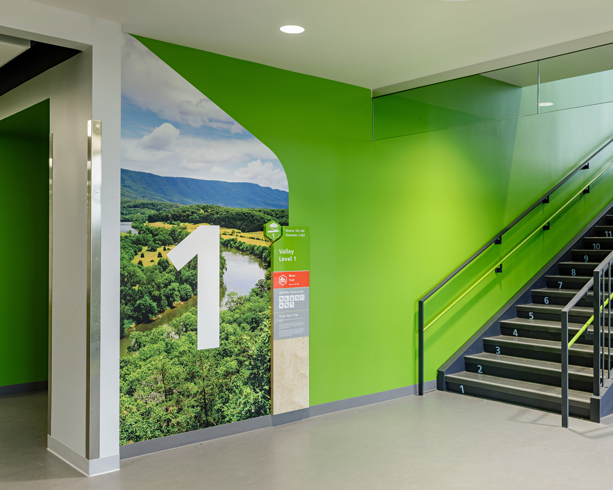 Level 1 wall graphics and wayfinding signage at Bluestone Elementary School