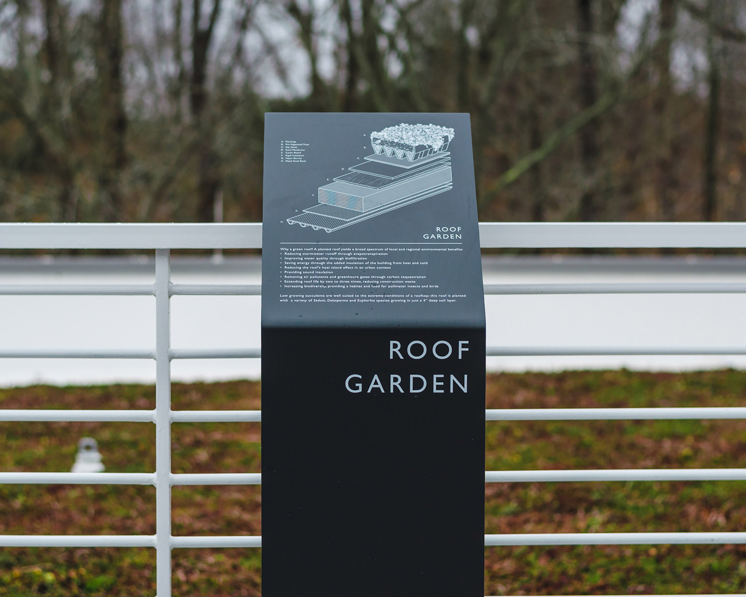 Exterior informational sign about the roof garden at Greer Environmental Sciences Center