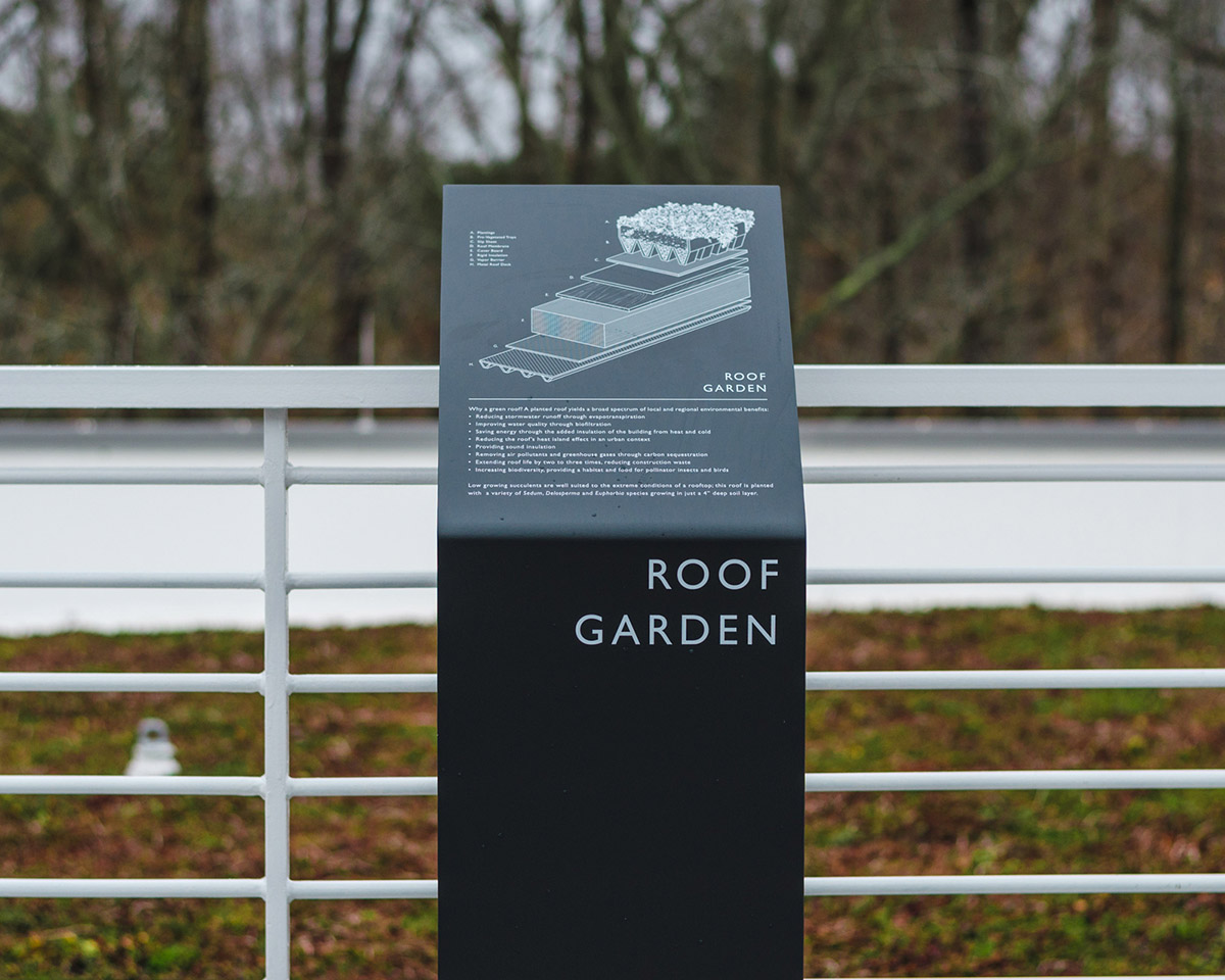 Exterior informational sign about the roof garden at Greer Environmental Sciences Center
