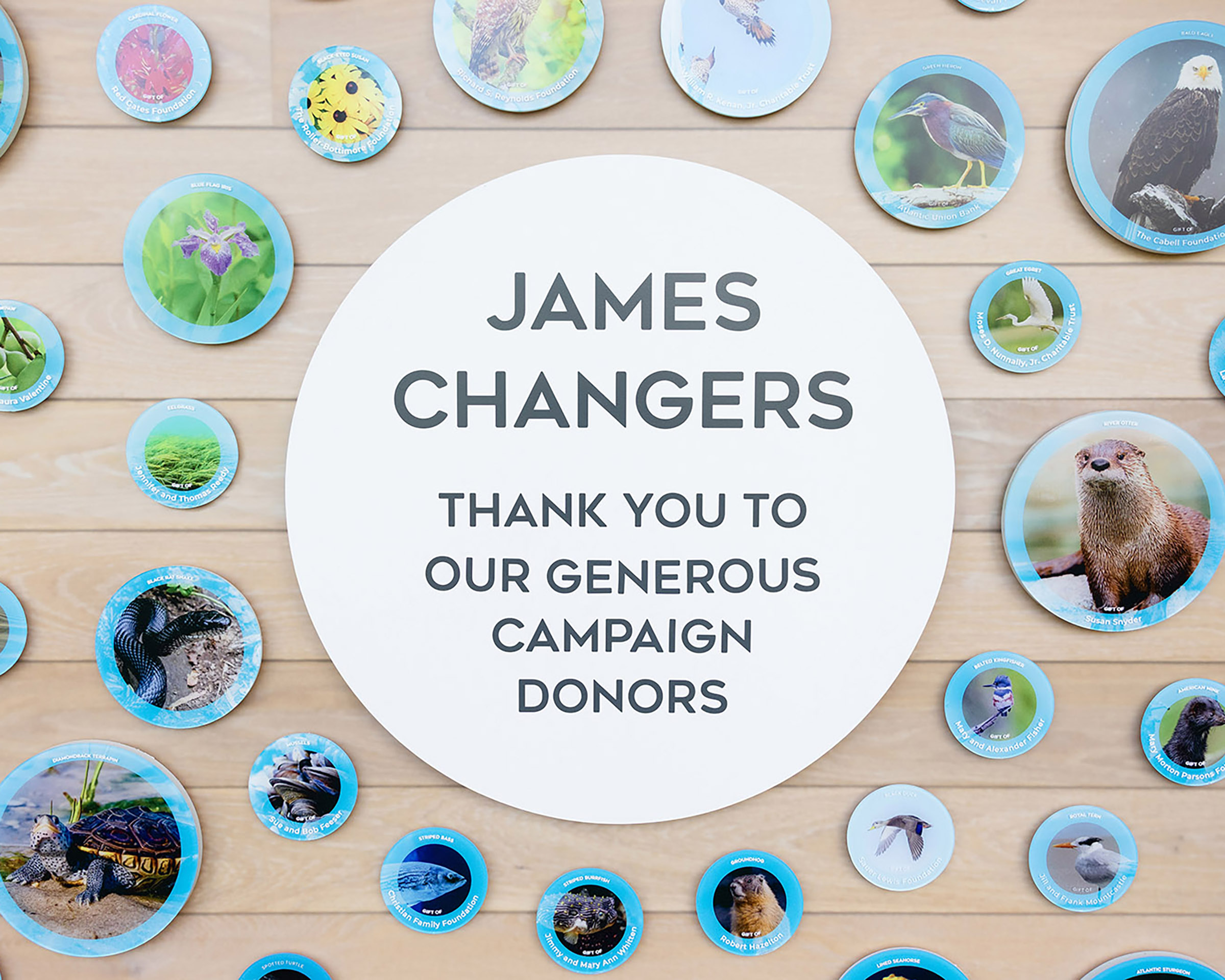 Donor wall at JRA Buzzard River Education Center featuring photos of local native animals