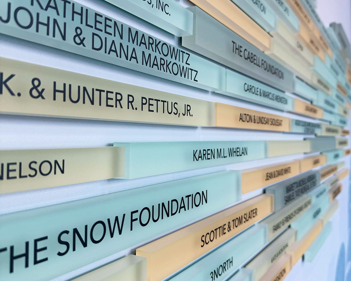 Closeup side view of the donor recognition wall at Lewis Ginter Botanical Garden