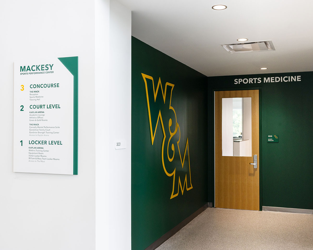 Directional signage at sports medicine inside Kaplan Arena & The Mack