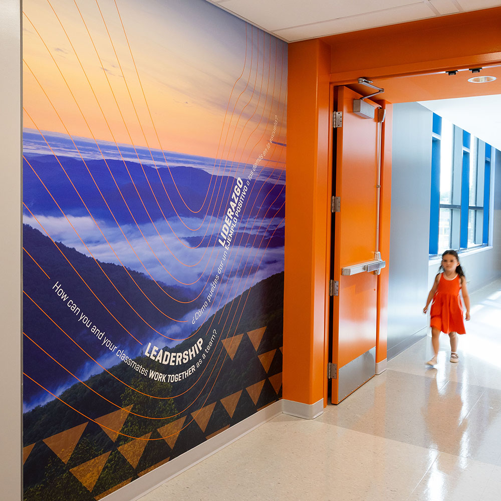 A child walking down the hall at Mountain View Upper Elementary School