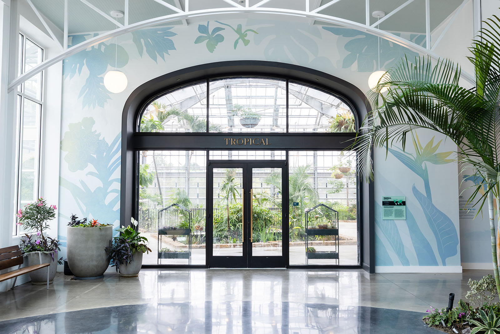 A large, glass doorway to a tropical plants section features blue and green graphics on the walls around the door at Lewis Ginter Botanical Garden
